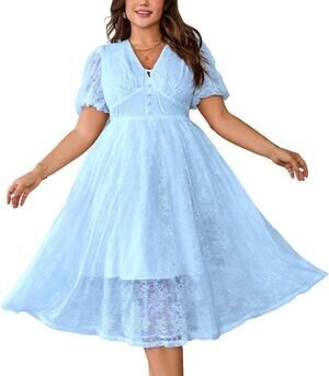 NWT EYWOL Women's Plus Size Cocktail Dress Sz XL Baby Blue SS Lace Midi Dress